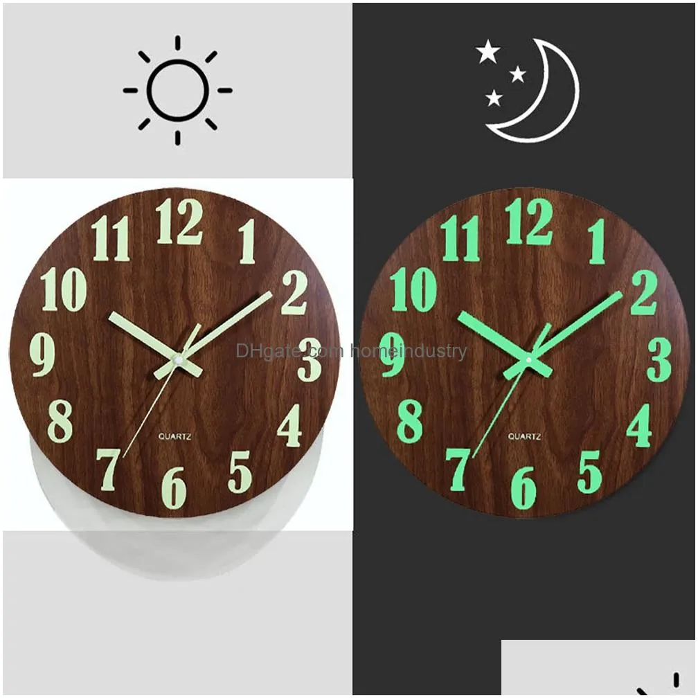 Wall Clocks 12 Inch Luminous Wood Silent Light In Dark Night Nordic Fashion Non Ticking With 230504 Drop Delivery Dhfez