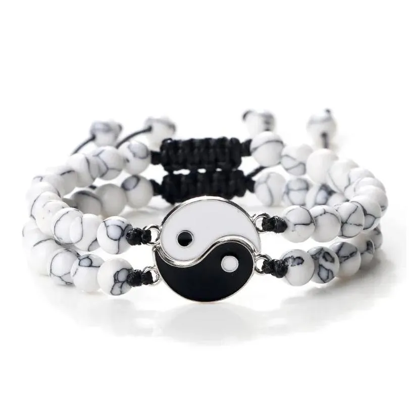 Strand 2Pcs/set Tai Chi Yin Yang Bracelets Natural Stone Lava Beads Adjustable Matching Lover Fashion Couple Jewelry Gift 6mm