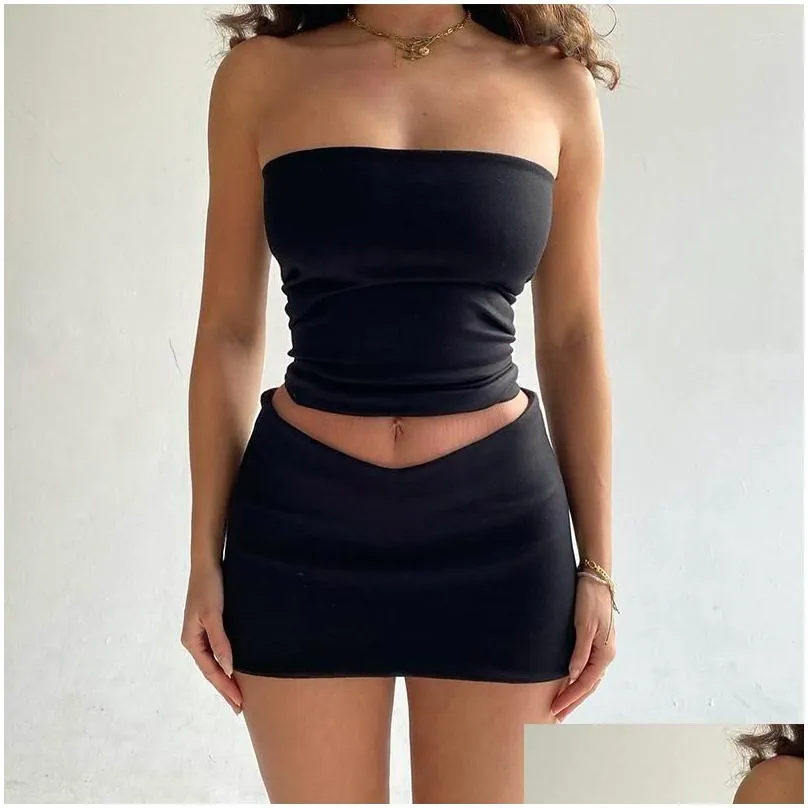 Women`S Tanks & Camis Womens Siyu Y Strapless Crop Top Short Skirt Suits 2 Piece Set Outfits For Women Summer Fashion Co-Ord Sets Matc Dhsu3