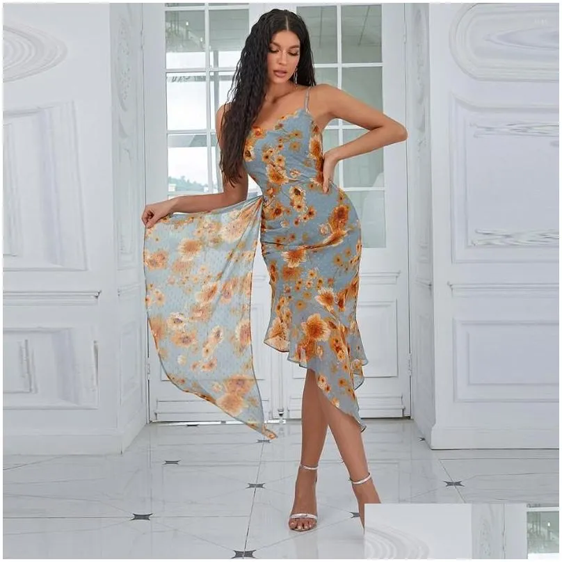 Casual Dresses Summer Flower Dress Women Cool French Sexy Chiffon Printed Asymmetric Strap Holiday Beach