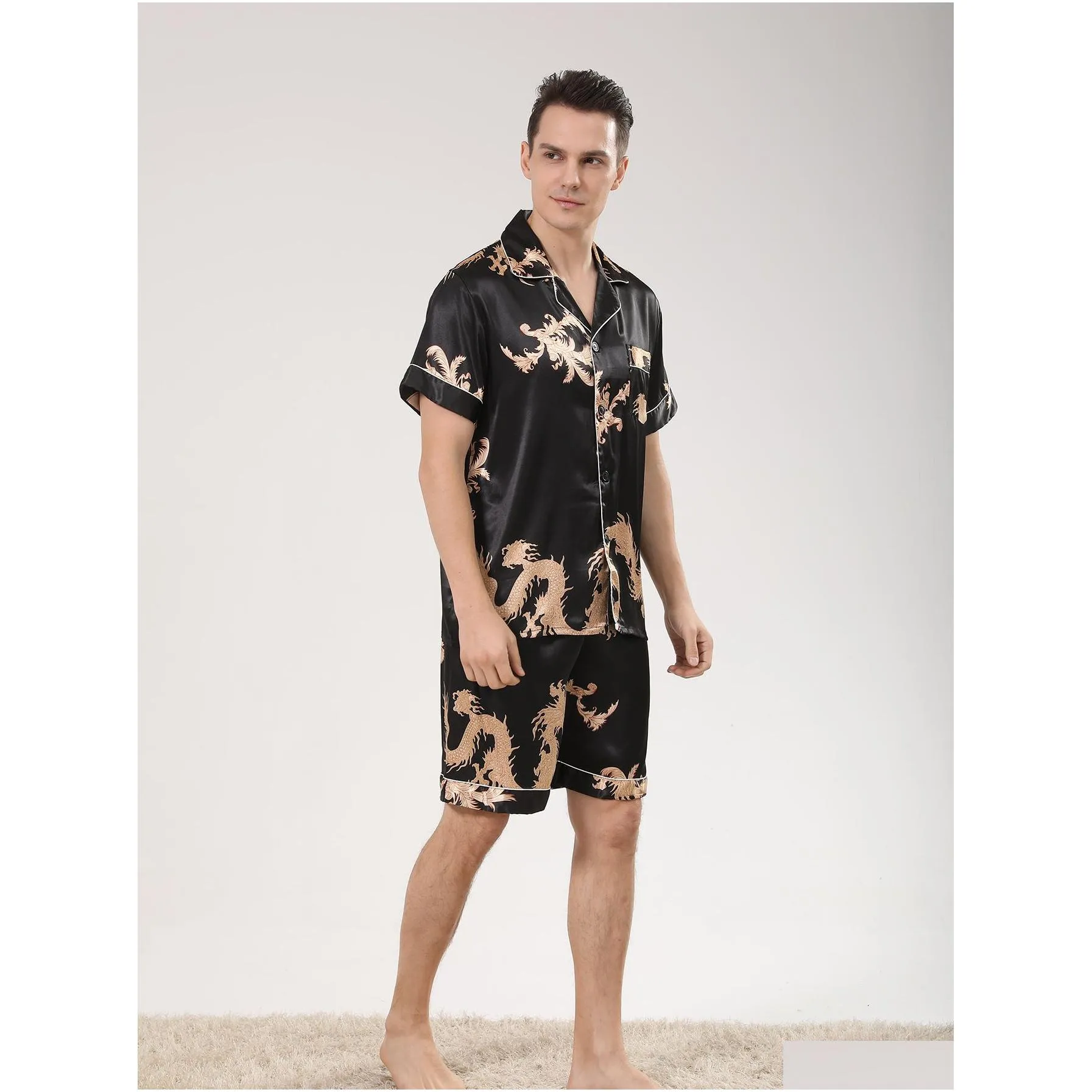 Men`S Sleepwear Men Satin Silk Pajamas Sets Shirts Shorts Male Pijama Sleep Wear Leisure Home Clothing Dragon Letter Loungewear Drop Dhb4F