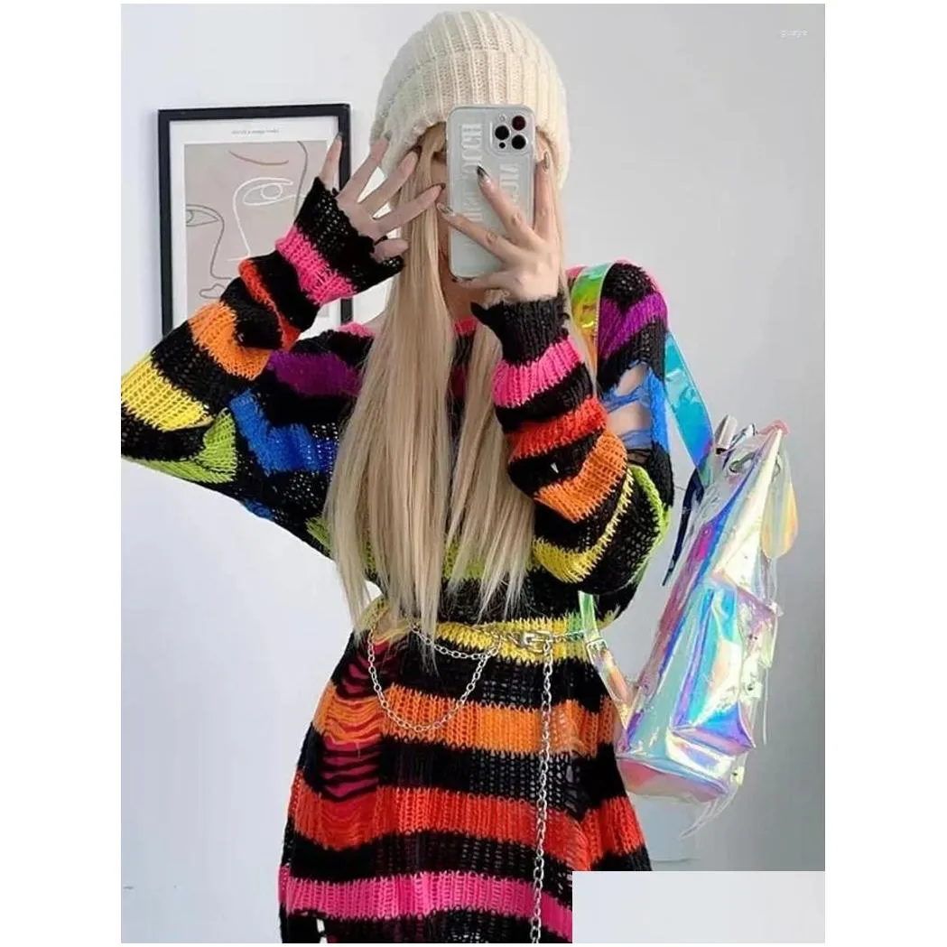 Women`s Sweaters Women Sweater Gothic Punk Striped Knitted Jumper Loose Hollow Out Female Long Pullover Mujer Harajuku Streetwear