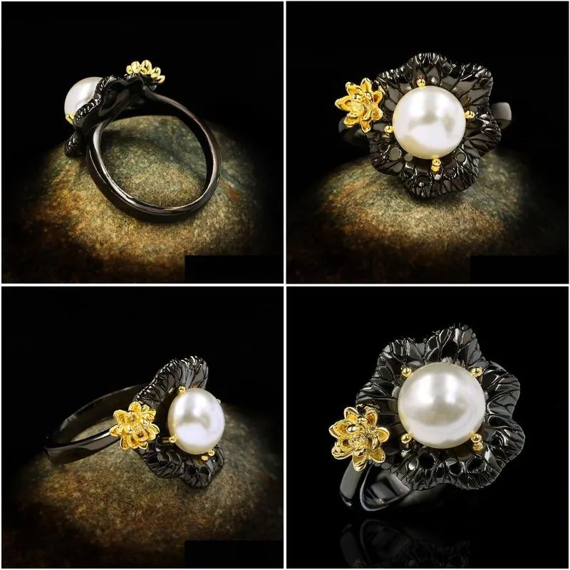 Wedding Rings Vintage Female White Pearl Thin Ring Classic 14KT Black Gold Luxury Bridal Flower Engagement For WomenWedding