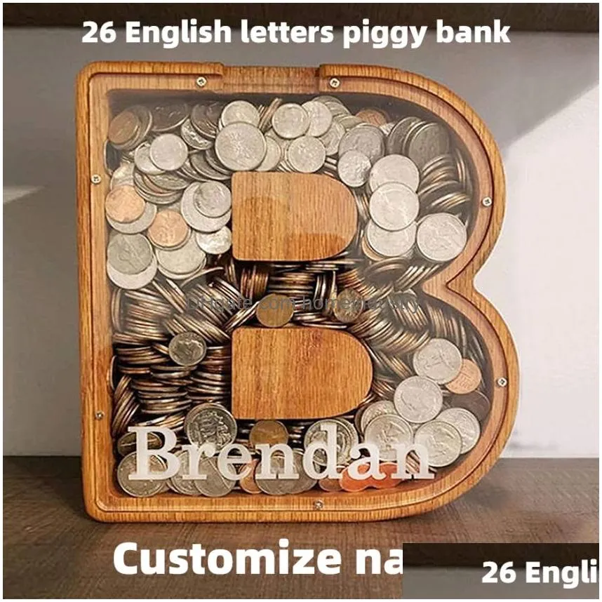 Storage Boxes & Bins Twenty-Six Letter Piggy Bank Wooden Coin Money Saving Box Jar Coins Desktop Ornament Home Decor Crafts Xmas Drop Dhnxg