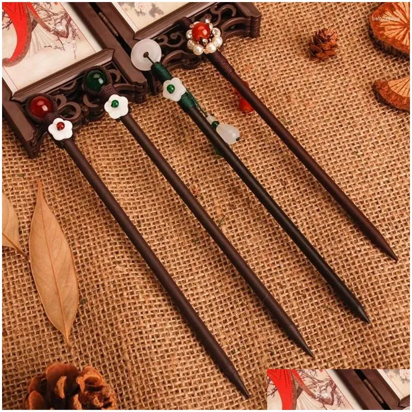 Hair Clips Ancient Style Handmade Wooden With Flowor Hairpins Headwear Disk Glass Crystal Jade Beads Tassel Hang Buyao Women