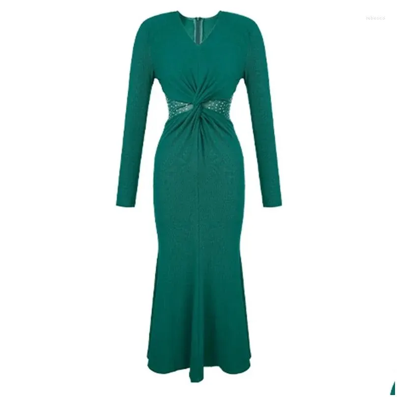 Casual Dresses French Elegant Long Dress Women Retro Green Elastic Twist Diamond Bodycon Ruffles Fishtail Robe Party Banquet Vestidos