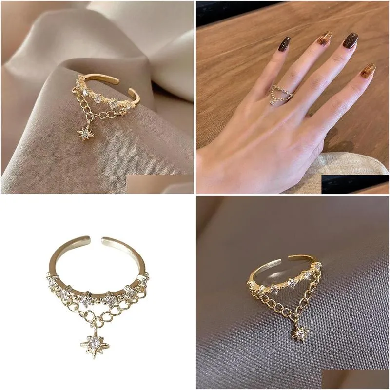Wedding Rings Style Fashion Zircon Star Pendant Gold Plated Opening For Women Luxury Elegance Jewelry Party Ring SetWedding