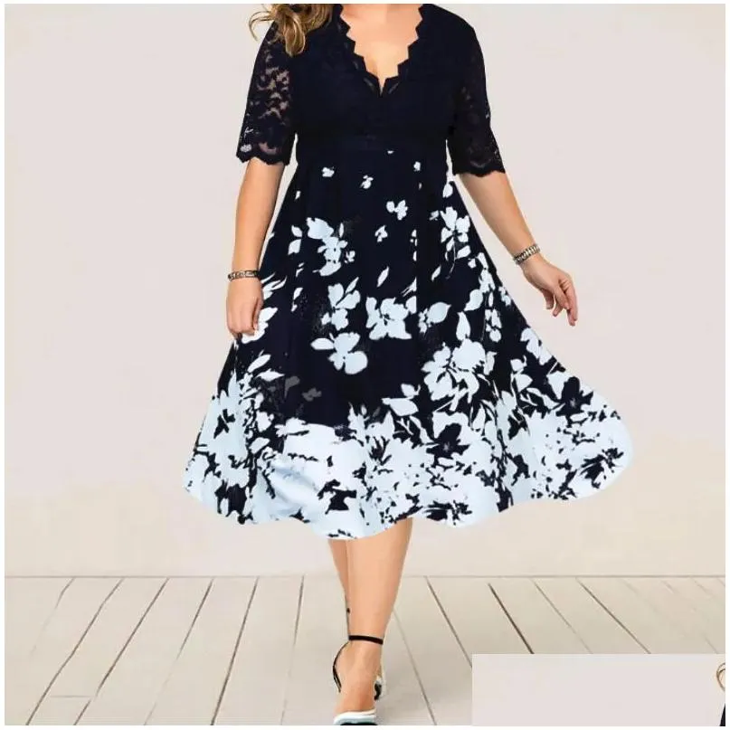 2023 Casual Dresses Women`s Clothing Summer Dress Evening Party Fashion Patchwork Flower Elegant Blue Lace Club Outfits Plus Size