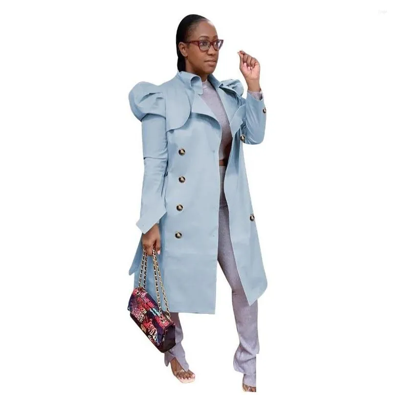 Women`S Trench Coats Womens Khakuble Breasted Classic Women Coat Elegant Long Puff Sleeve Loose Windbreaker High Street Female Slim Dr Dhwbj