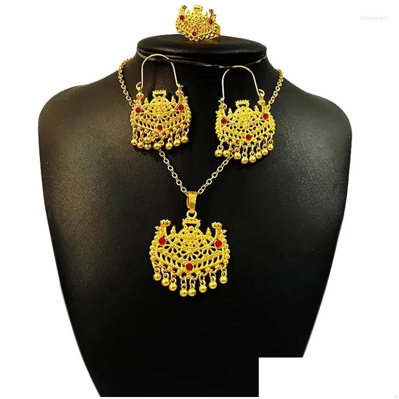 Necklace Earrings Set Dubai For Women Gold Color African Wedding Bridal Gifts Necklace/earrings/ring Party Jewellery