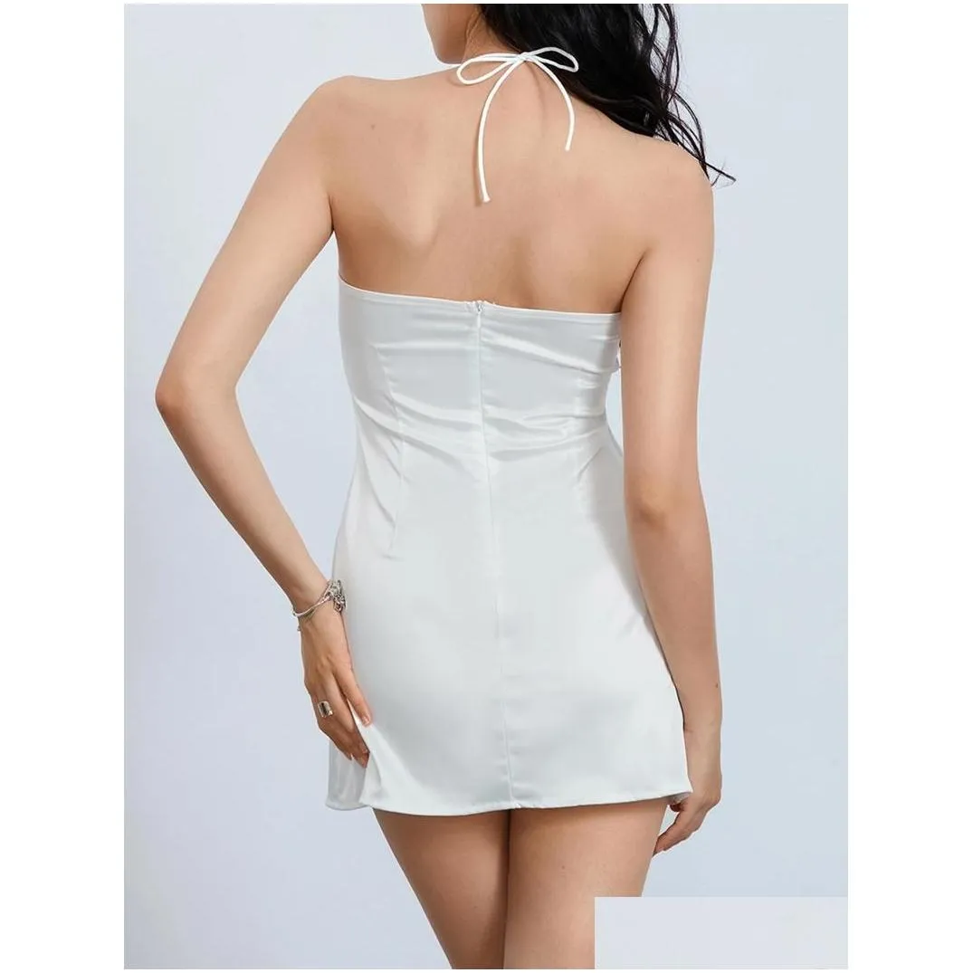 Casual Dresses Wsevypo Chic White Satin Mini Dress Summer Women`s Lace Trim Halter Tie-up Short Elegant Backless Sleeveless Vestidos