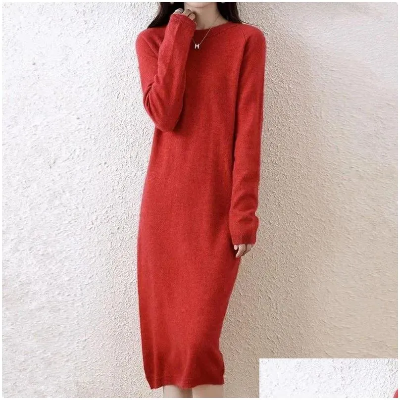 Women`s Sweaters Autumn And Winter Round Neck Cashmere Dress Women Long Over The Knee Sweater Loose Thin Wool Knitted Bottoming Shirt