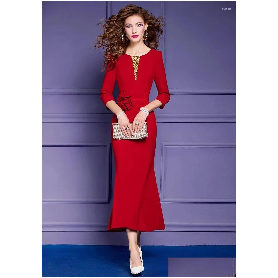 Casual Dresses Long Mermaid Red Wedding Evening Party For Women Luxury Elegant Beading 3D Floral Special Occasion Dress Formal 4XL