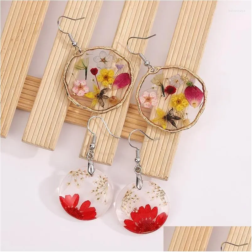 Dangle Earrings Golden Flower Drop Glue Dried Creative European And American Temperament Rose Petals