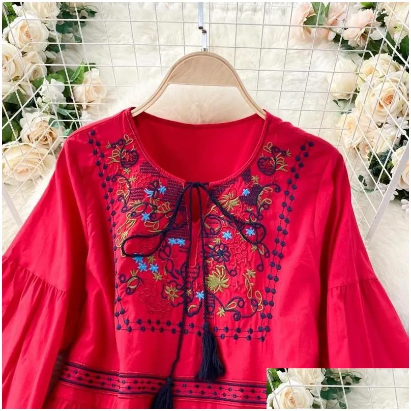 Casual Dresses Boho Maxi Dress Women Embroidery Printing Lantern Sleeve O-neck Female Loose Fit Ladies Lace-up Vestidos Drop