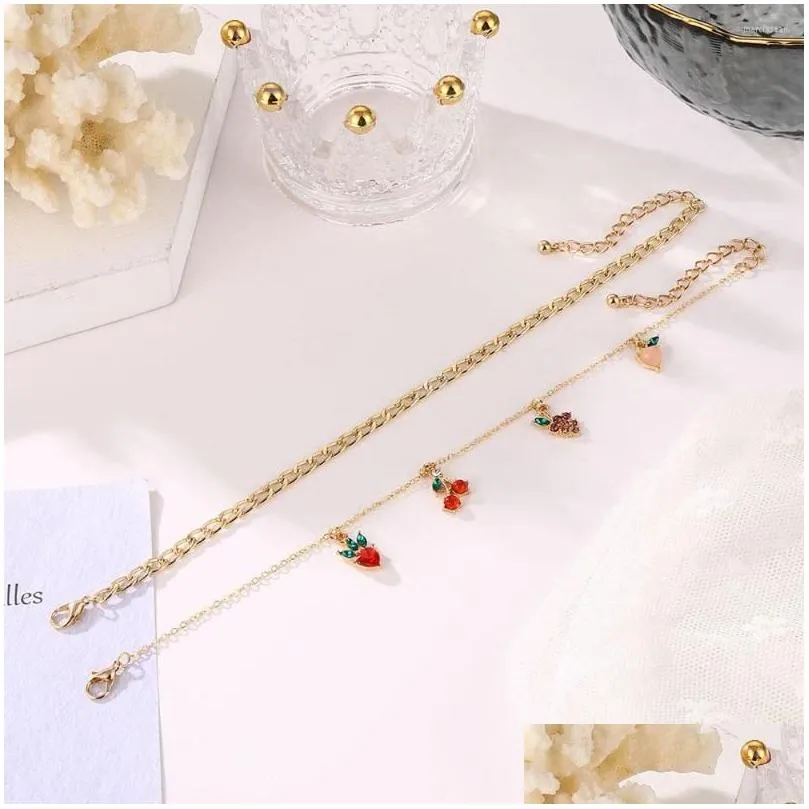 Anklets Bohemian Vintage Golden Chain Crystal Beach Anklet For Women Layered Heart Cherry Grape Pendant Foot Jewelry 2022