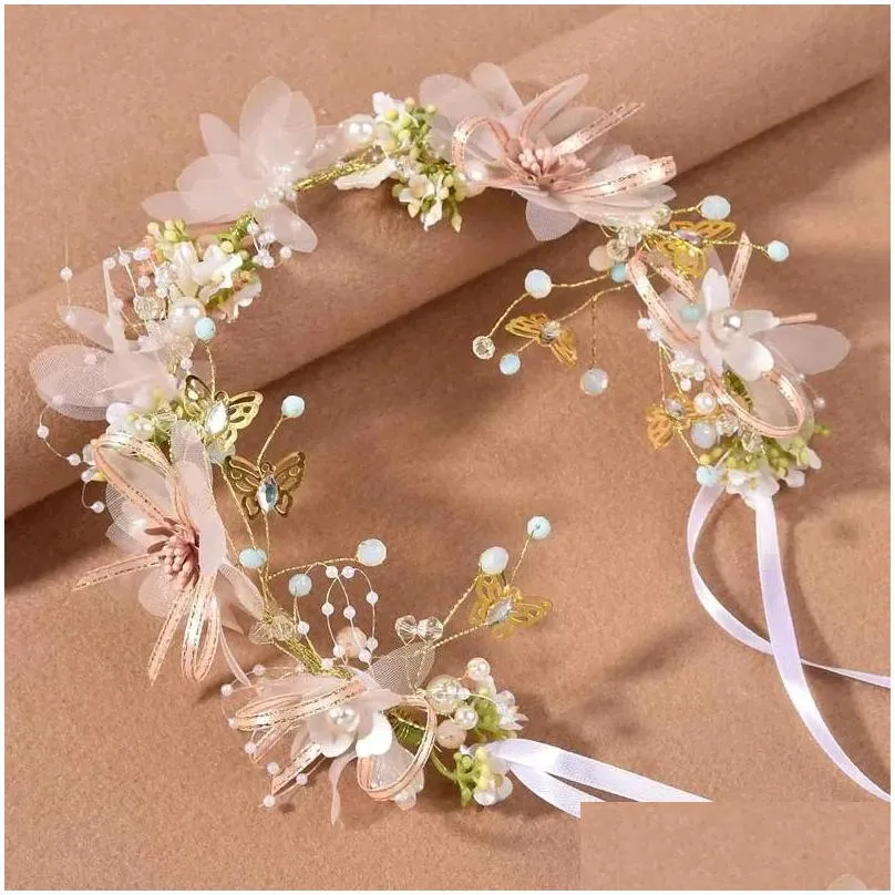Hair Clips Sweet Romantic Pink Flower Butterfly Pearl Bridal Accessories Headband Tiara Crown Forest Wedding Jewelry Gift
