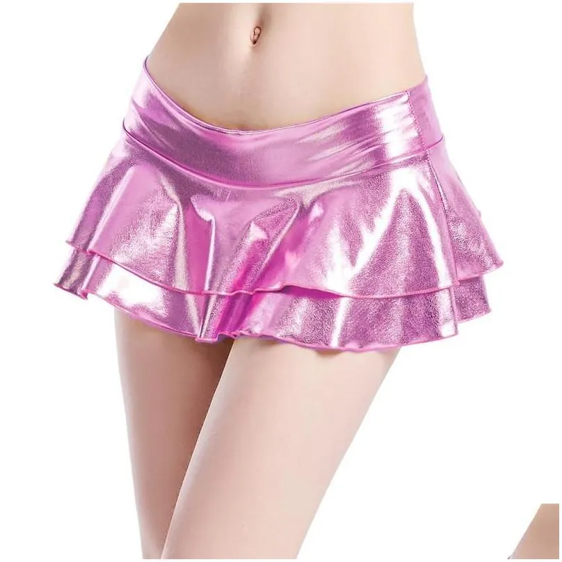 Skirts Shiny Women Pu Leather Wetlook Y Lady Girls Pleated Skirt Party Night Stage Dance Clubwear Pvc Metallic Miniskirts Drop Delive Dhhzw