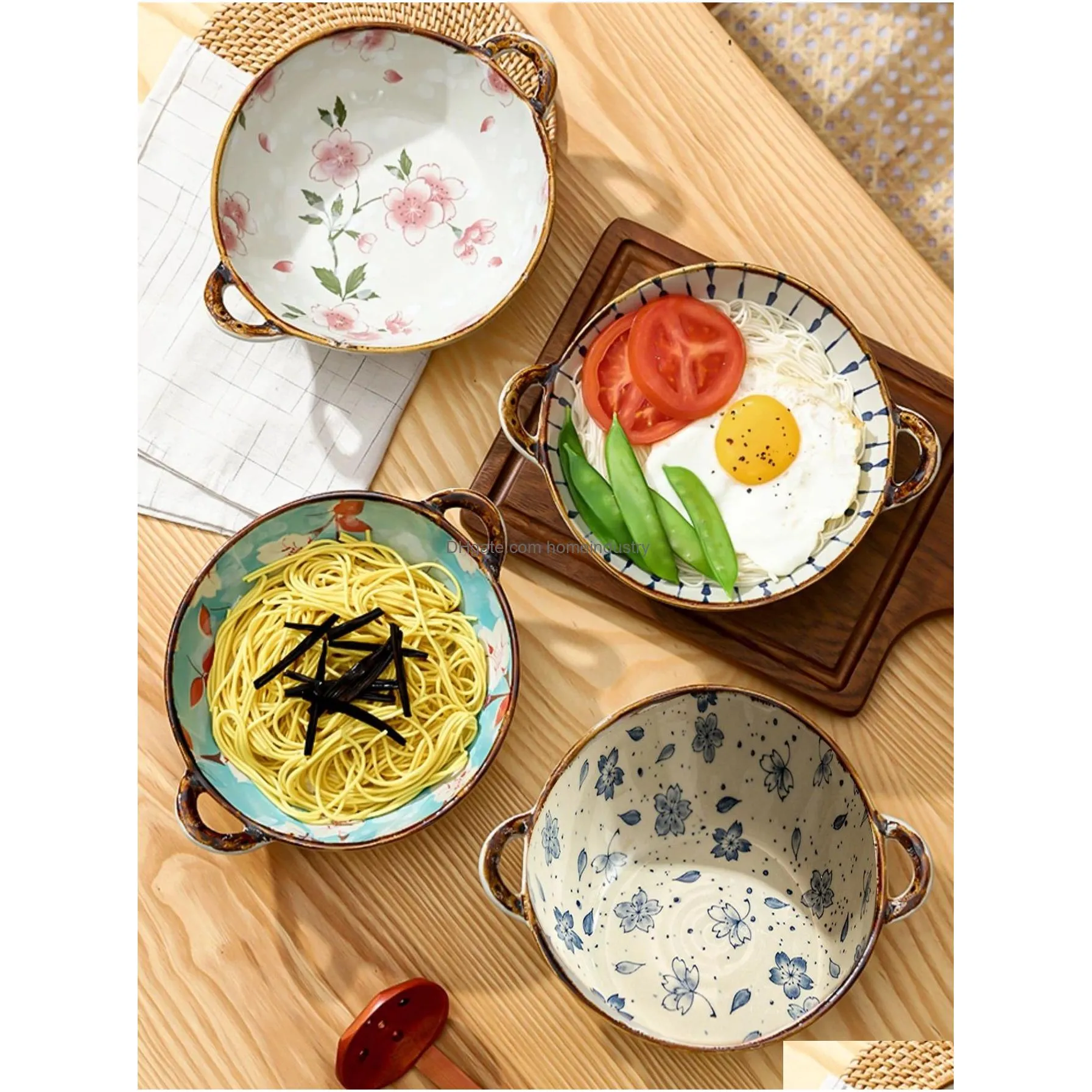 Bowls 7.5Inch Japanese Household Noodle Bowl Ceramic Soup With Handle Salad Pasta Kitchen Tableware Microwave Oven Bakware 240130 Drop Dhihk