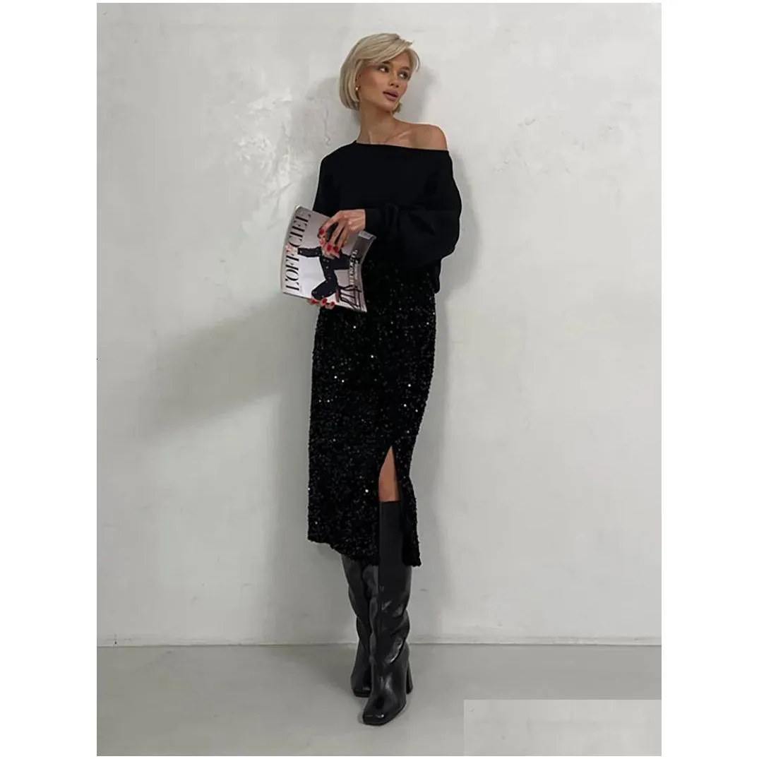 Silver Black Sequin Skirt Women Elegant Vintage Punk Evening Dress Slit Sexy Summer Long High Waist Midi Skirts For 240323