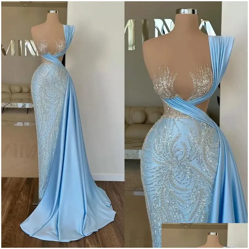 Party Dresses Light Blue Prom Sexy One Shoulder Sequins Appliques Pleats Evening Gowns Pageant Dress