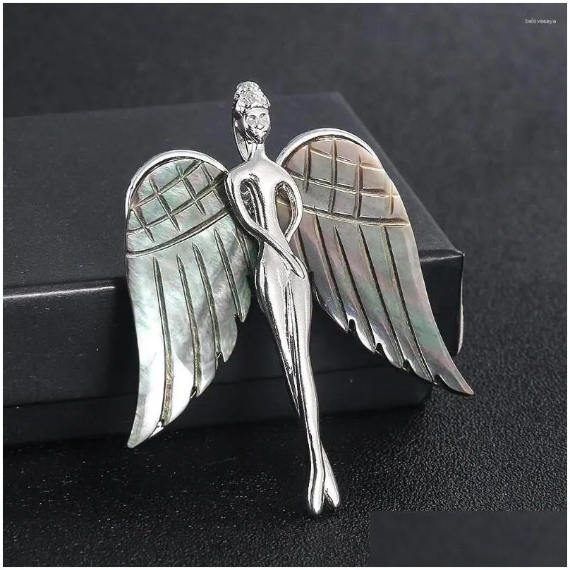 Brooches Shell Carving Fairy Brooch Natural Freshwater Abalone Angel Wing Metal Corsage Pin Fashion Clothes DIY Accessory Breastpin