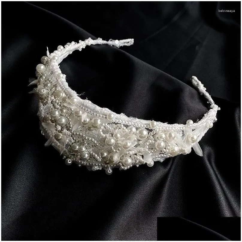 Hair Clips Vintage White Pearl Princess Hairband Tiaras Handmade Geometric Mesh Hairbands Wedding Bridemaid Fairy Headpiece 2023