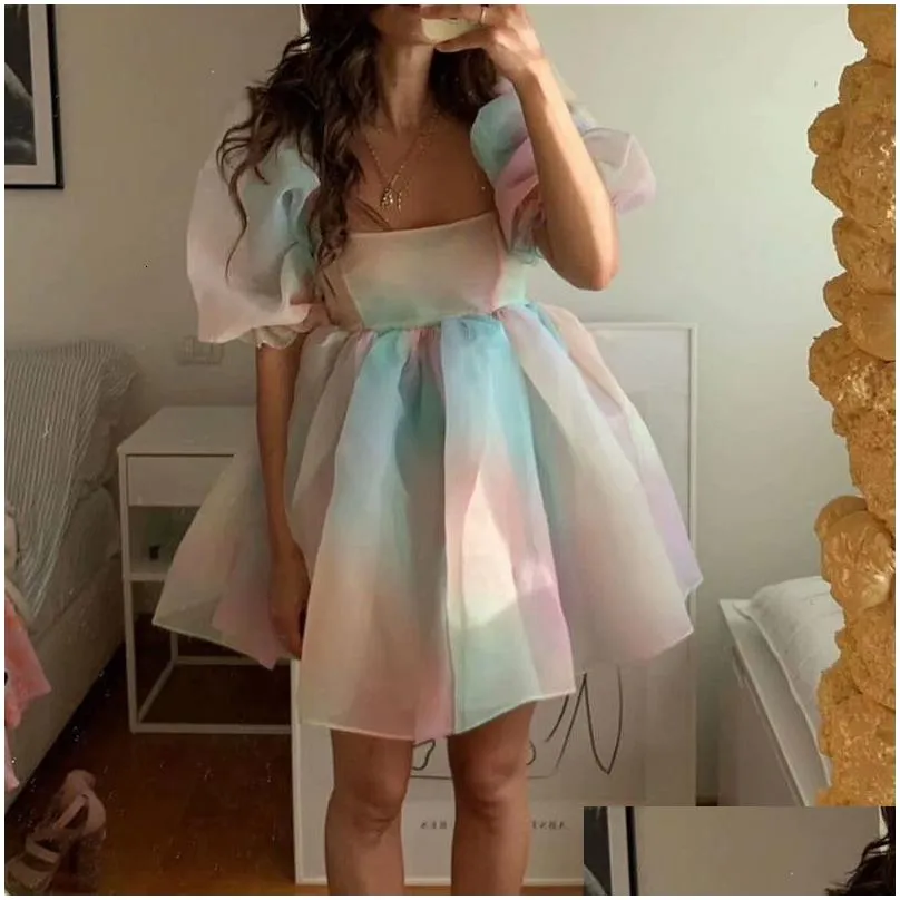 Basic Casual Dresse Puff Sleeve Tulle Tutu Princess Dress Square Collar Mesh Ruffle Bubble Skirt Wedding Evening Party Prom Mini Fairy