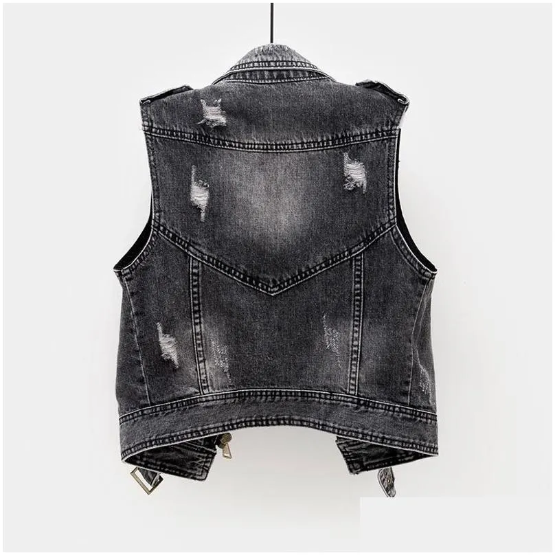 Women`S Vests Summer Denim Waistcoat For Women Vest Moto Biker Short Female Korean Vintage Jeans Sleeveless Cardigan Ladies Jacket Dro Dhtbi