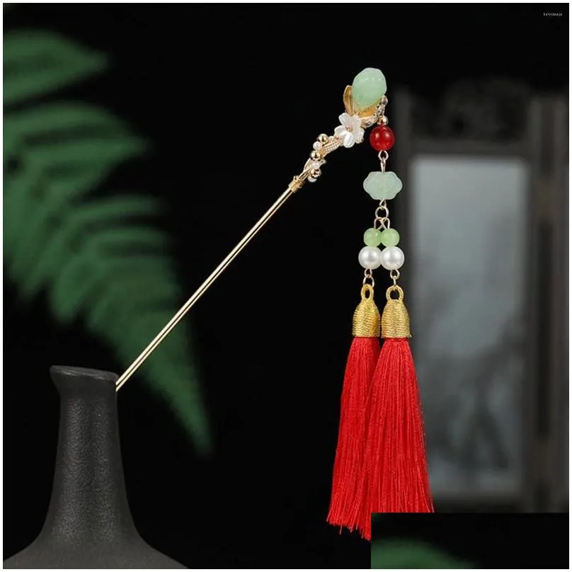 Hair Clips Chinese Stick Bun Headdress Retro Metal Chopsticks With Red Tassel For Woman Styling Hairdressing Salon