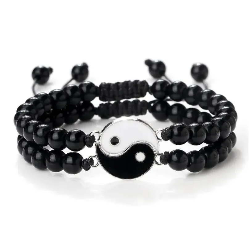 Strand 2Pcs/set Tai Chi Yin Yang Bracelets Natural Stone Lava Beads Adjustable Matching Lover Fashion Couple Jewelry Gift 6mm