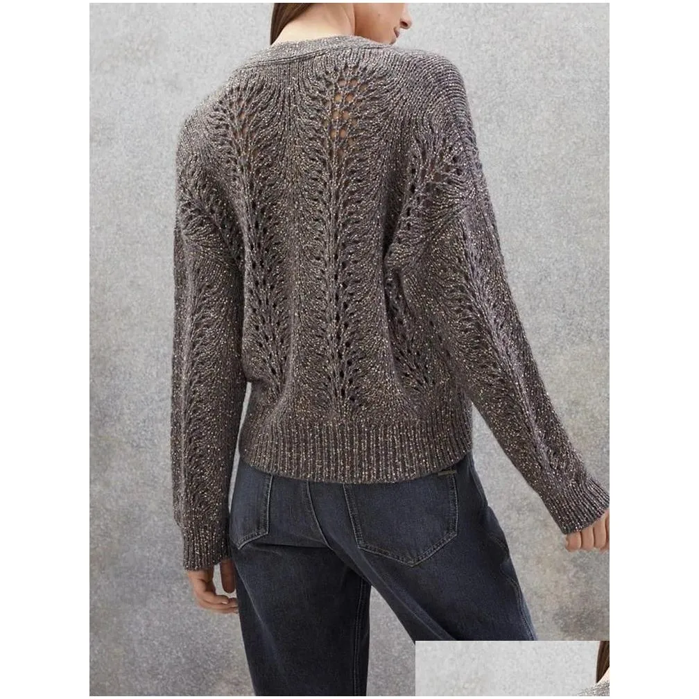 Women`s Knits Cashmere Blends Sweater Knitwear Top Sequin Hollow Out Long Sleeve 2023 Early Autumn Knit Cardigan Or Pullover For Lady