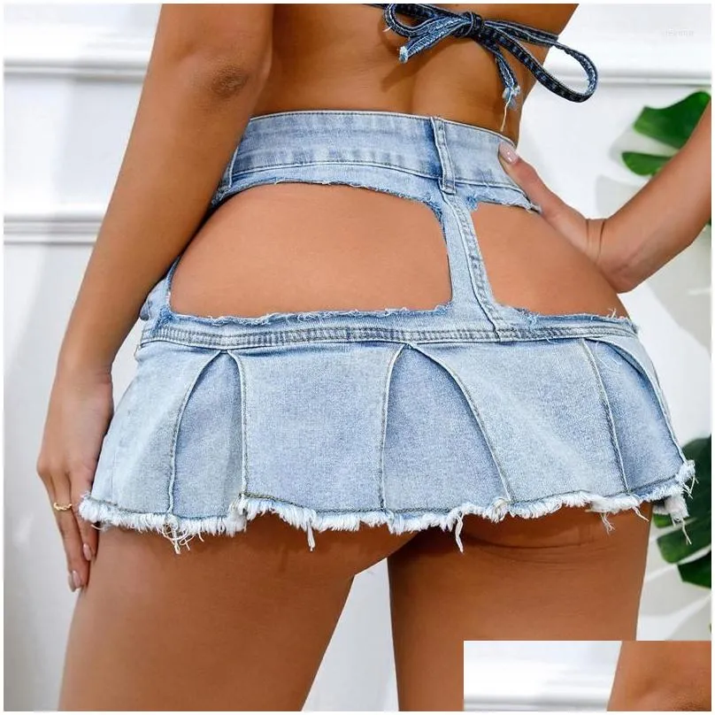 Skirts Summer Women Short Mini Skirt Hollow Out Y Denim Girl Jeans Dancer Nightclub Costume Female Drop Delivery Dhe3X