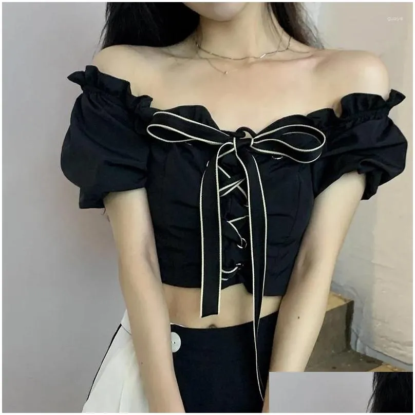 Women`s Blouses Korean Version Bow Bandage Shirt Tops Off Shoulder Blouse Woman Clothes 2024