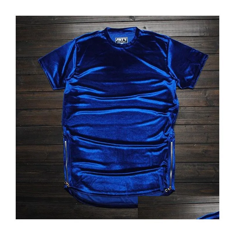 Men`S T-Shirts Men Extended Shirt Velour Mens Hip Hop T Shirts Golden Side Zipper Veet New Fashion Solid Long 4 Colors Drop Delivery A Dhibk