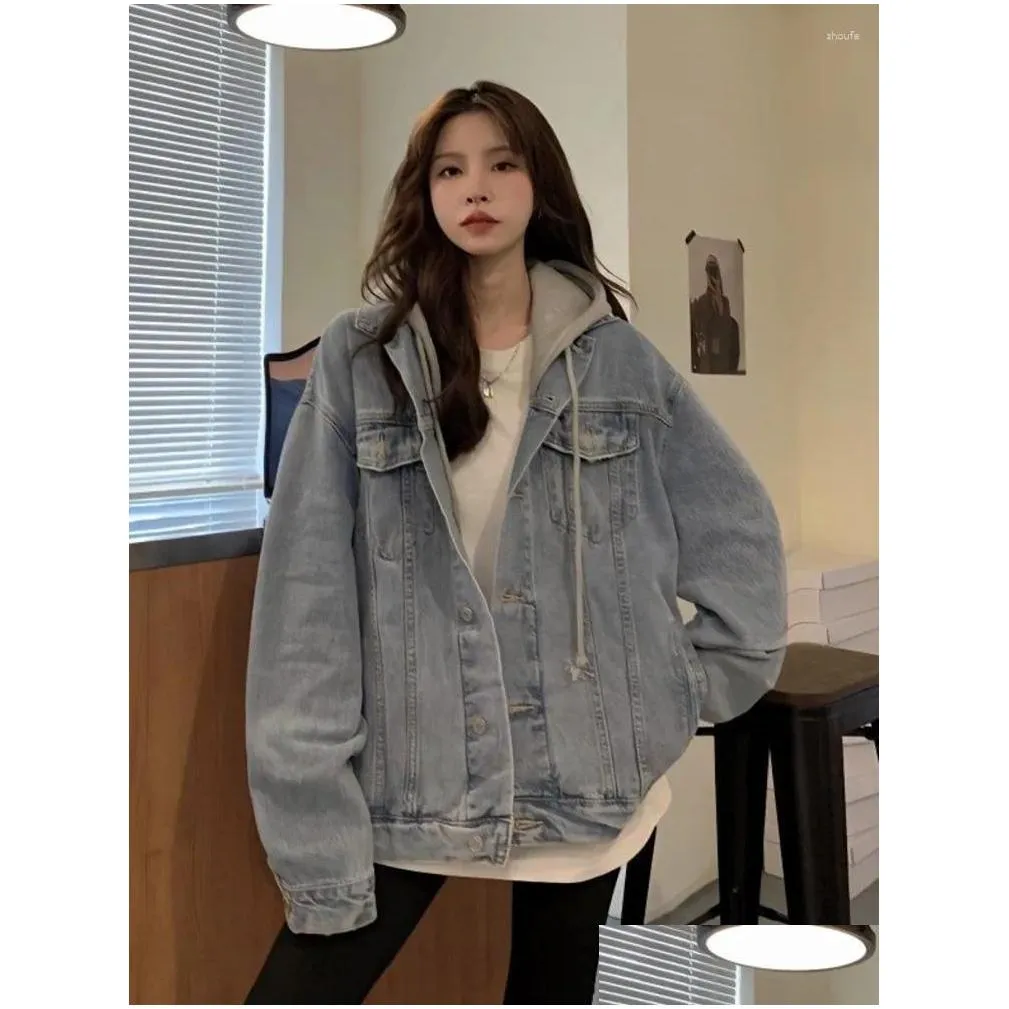 Women`s Jackets Hooded Loose Denim Jacket  Spring Autumn Coat Harajuku Fashion Casual Cargo Jeans Oversize Outerwear Streetwear