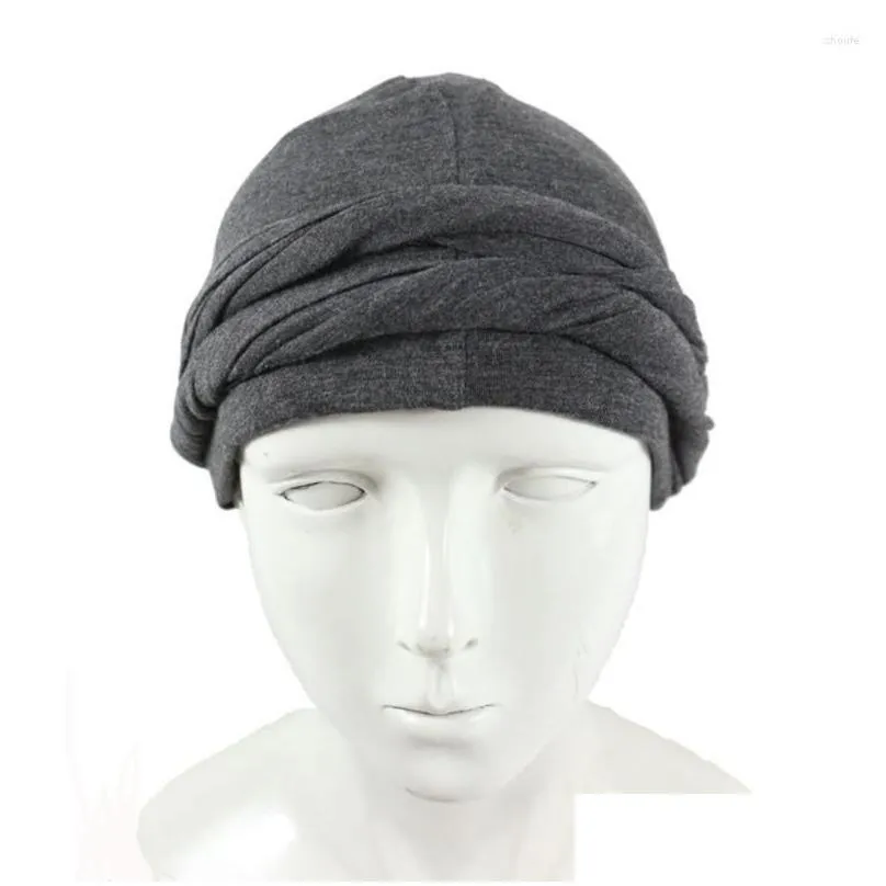 Berets M2Ea Haloturban Durag Men Turban Headwrap Satin Lined Headscarf For Muslim Hijab Comfy Chemo Hat Drop Delivery Dhlgl