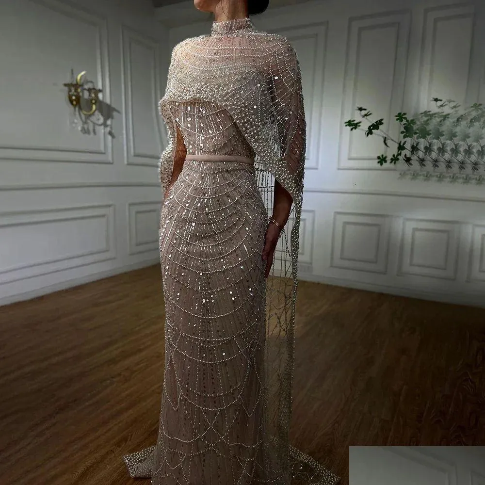 Serene Hill Dubai Arabia Nude Mermaid Long Cape Luxury Evening Dresses Gowns 2024 For Women Wedding Party LA72032 240323