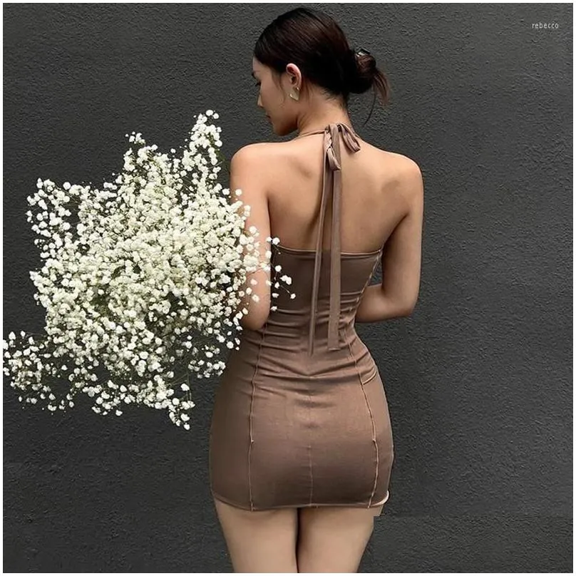 Casual Dresses Women Halter Dress 2023 Summer Sleeveless Contrast Color Patchwork Backless Skinny Fit Mini Simple Clothes S-L