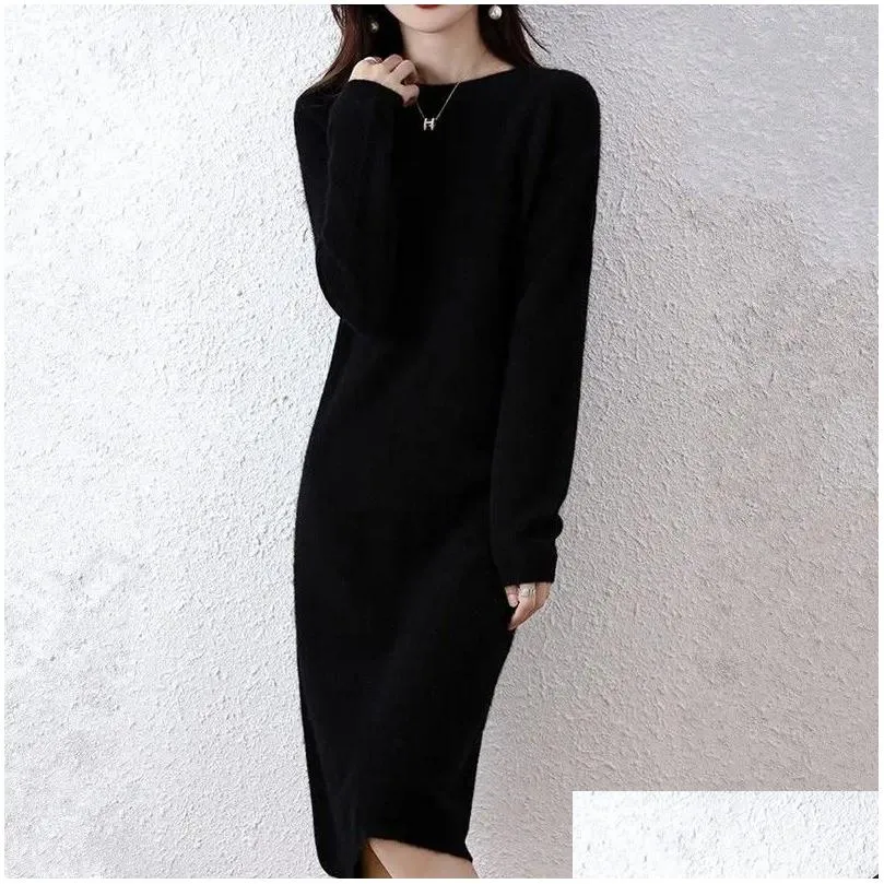 Women`s Sweaters Autumn And Winter Round Neck Cashmere Dress Women Long Over The Knee Sweater Loose Thin Wool Knitted Bottoming Shirt