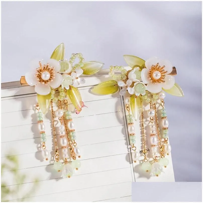 Hair Clips 2pcs Chinese Flower Hairpins Pearl Bride Ornament Barrettes Coloful Fringe Vintage Tiaras Headdress Jewelry