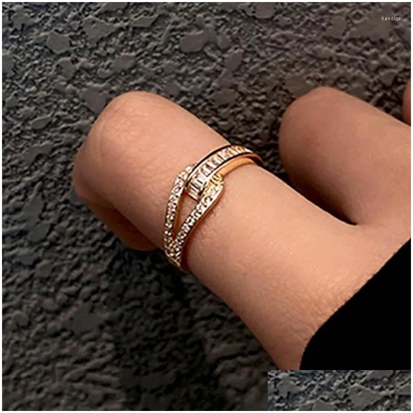 Cluster Rings Trendy Fine 14k Real Gold Personalized Geometric Design Opening For Women Adjustable High Jewelry Bling Zircon