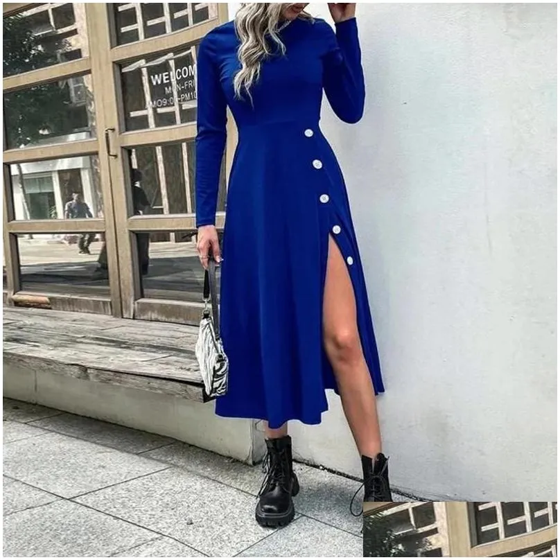 Casual Dresses Sexy Lady Long Sleeve Side Button Slit Dress Spring Autumn Women Solid 2024 Fashion Elegant O Neck Party