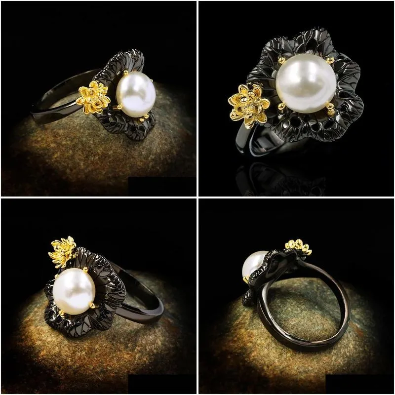 Wedding Rings Vintage Female White Pearl Thin Ring Classic 14KT Black Gold Luxury Bridal Flower Engagement For WomenWedding