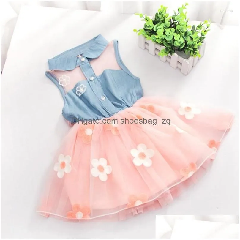 Girl Dresses Girls Summer Dress 2022 Listing Denim Stitching Mesh Flower Cute Baby Party Costume