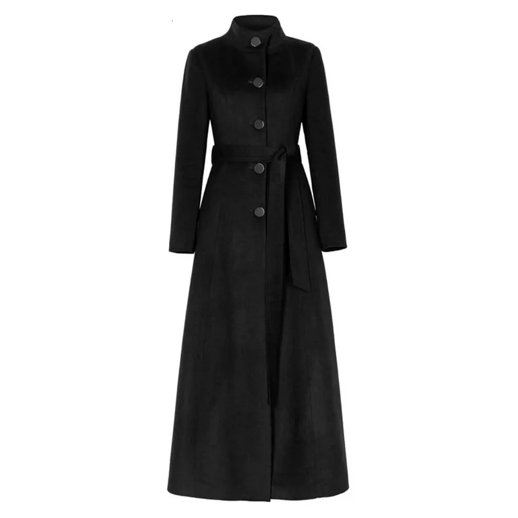 Women`s Wool Blends Women Overlength Woolen Coat Autumn Winter Fashion Stand Collar Thicken Warm Lacing Overcoat Slim Long Outerwear