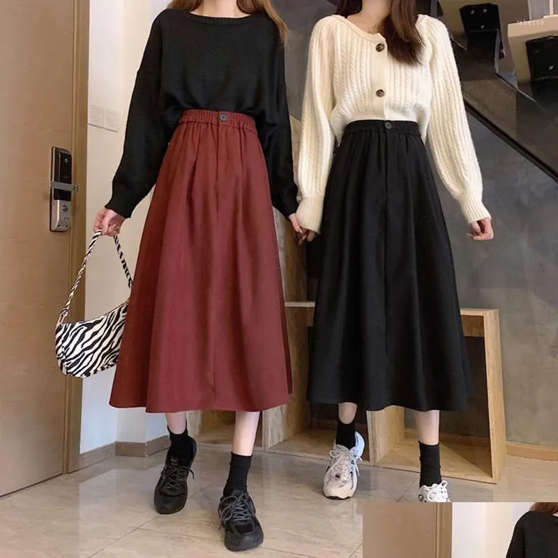 Skirts Women`s Autumn And Winter High Waist Slim Mid-length A-line Skirt Korean Retro Umbrella Tooling Large Swing