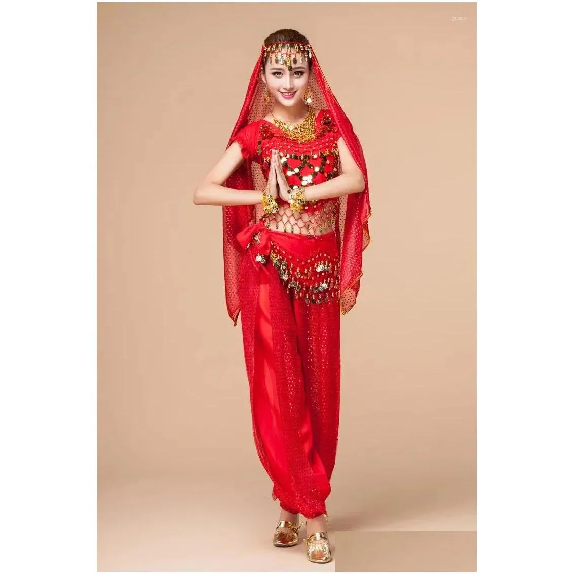 Stage Wear 4pcs/Set Women Belly Dance Costumes For Woman Dress Adult Bellydance Suit Lady Clothes Top Skirt Belt Veil Set