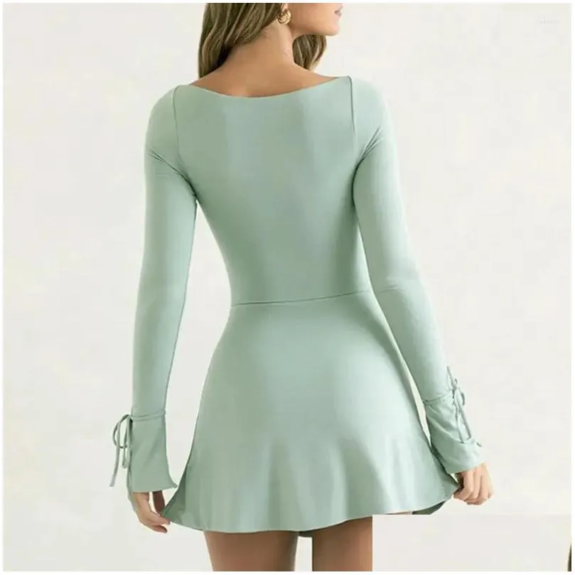 Casual Dresses Soft Dress Trendy Women`s Square Neck Mini Slim Fit High Waist Long Sleeve Split Hem Solid Color For Spring Fall