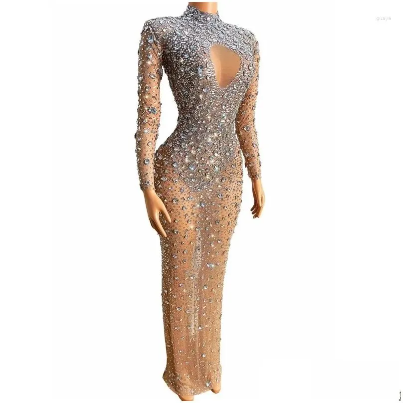 Stage Wear Sexy Crystals Transparent Long Dress Birthday Party Celebrate Stones Mesh Stretch Dance Sleeves Singer Evening